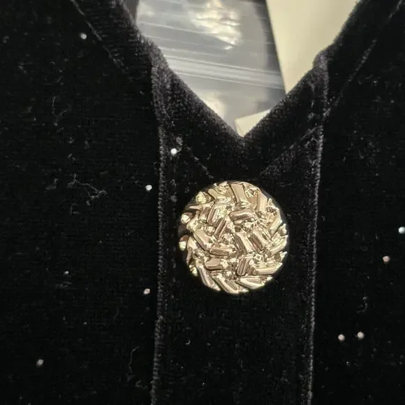 Black Velvet Mini Dress Button Front Long Sleeve Sparkle Holiday Party Cocktail - Picture 6 of 16